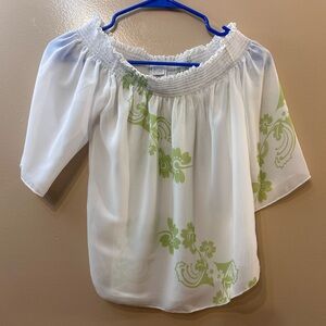 Off-Shoulder White Blouse with Light Green Floral Print